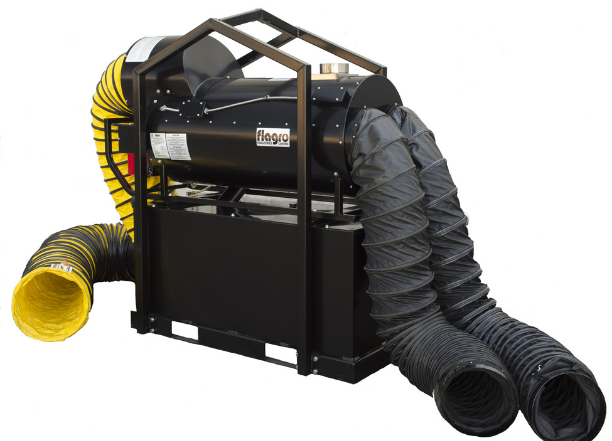 Flexible hi-temp ventilation ducts connected to a portable industrial heater for temporary heating and air distribution